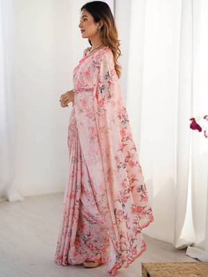 Peach floral pure chiffon ikat saree 2
