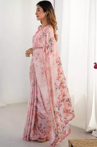 Peach floral pure chiffon ikat saree