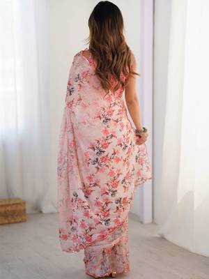 Peach floral pure chiffon ikat saree 3