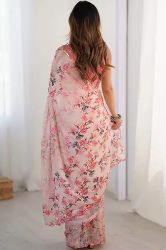 Peach floral pure chiffon ikat saree