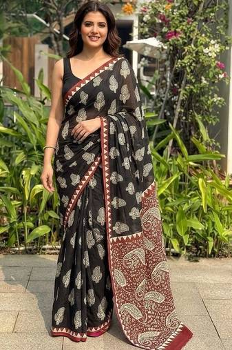 Black printed cotton mulmul sarees