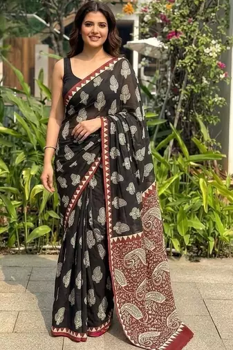 Black printed cotton mulmul sarees