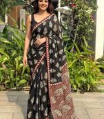 Black printed cotton mulmul sarees