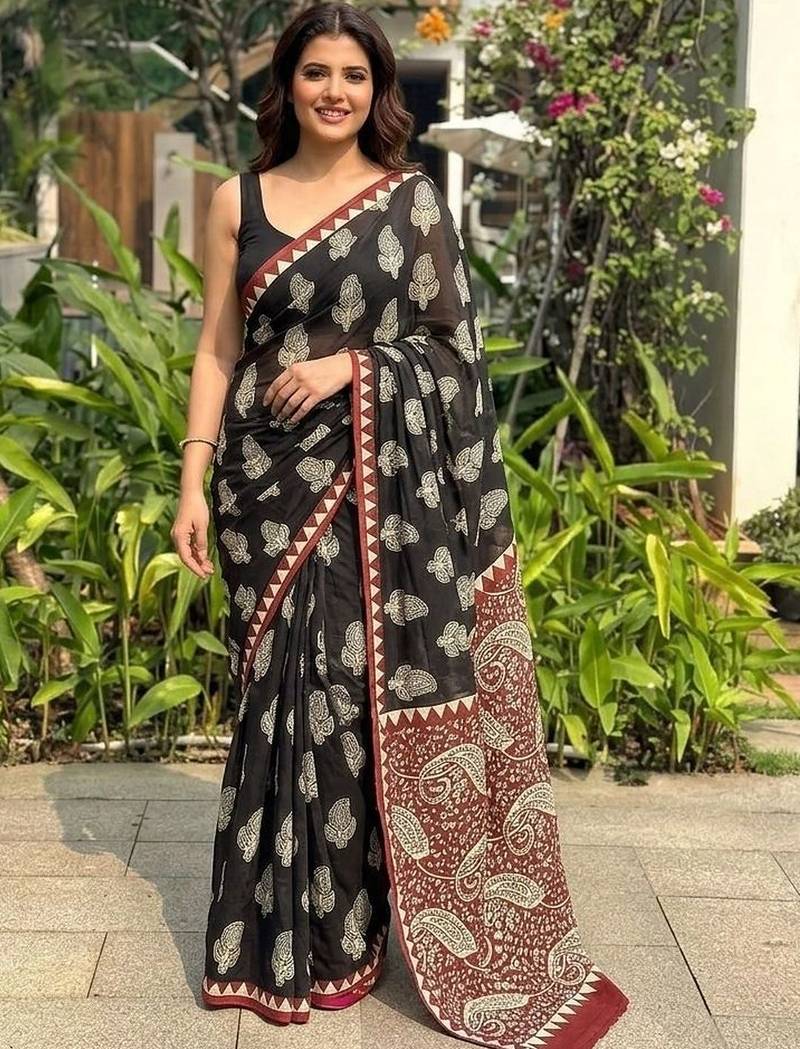 Black printed cotton mulmul sarees