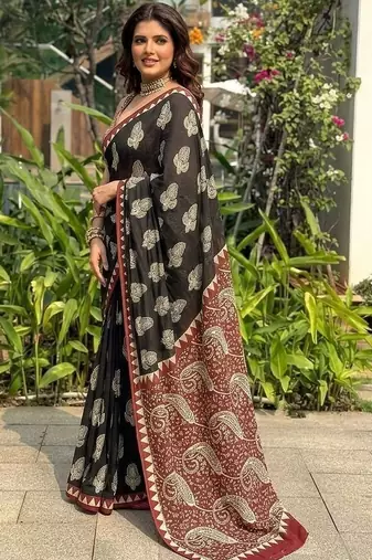 Black printed cotton mulmul sarees