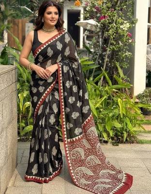 Black printed cotton mulmul sarees 3