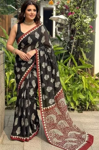 Black printed cotton mulmul sarees