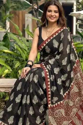 Black printed cotton mulmul sarees
