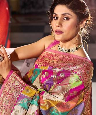 Pink ethnic motifs saree 4