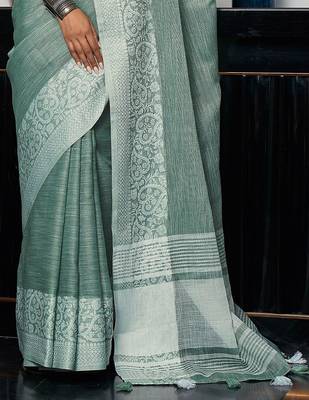Green woven design zari saree 4