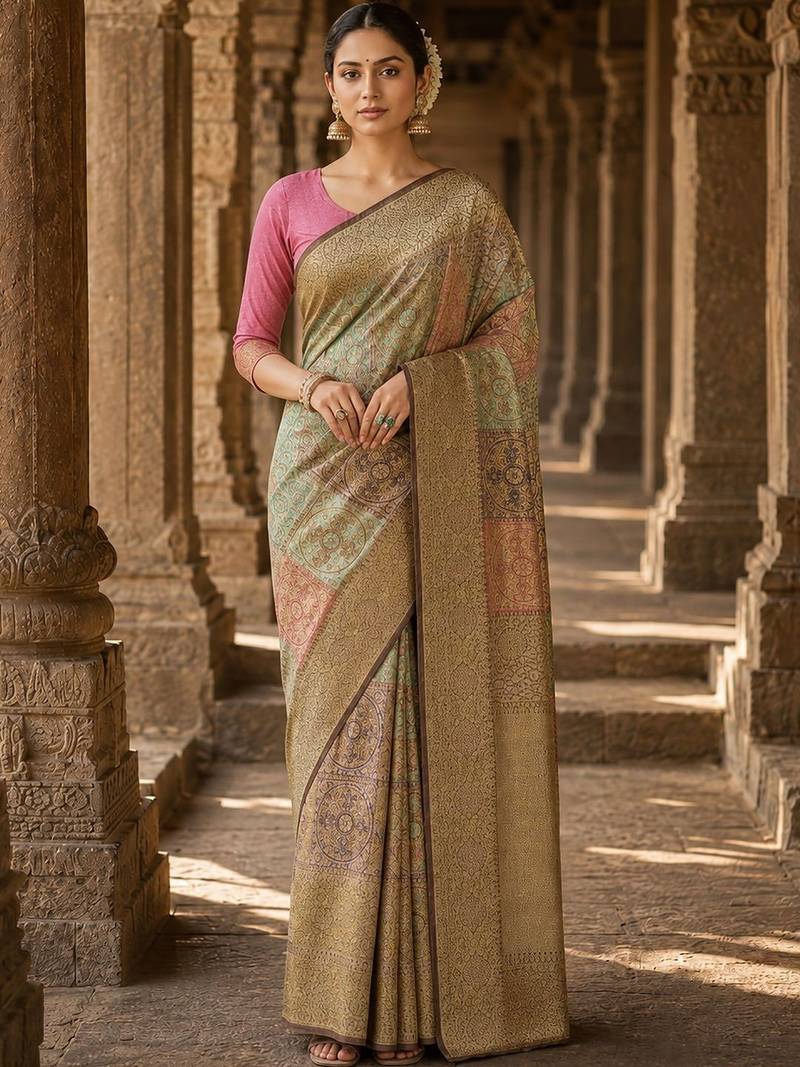 Multicolor zari silk blend designer banarasi saree