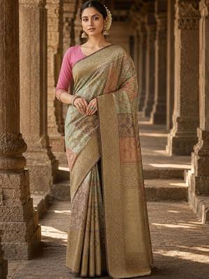 Multicolor zari silk blend designer banarasi saree 3