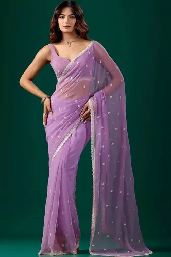 Lavender embellished embroidered pure chiffon saree