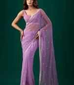 Lavender embellished embroidered pure chiffon saree