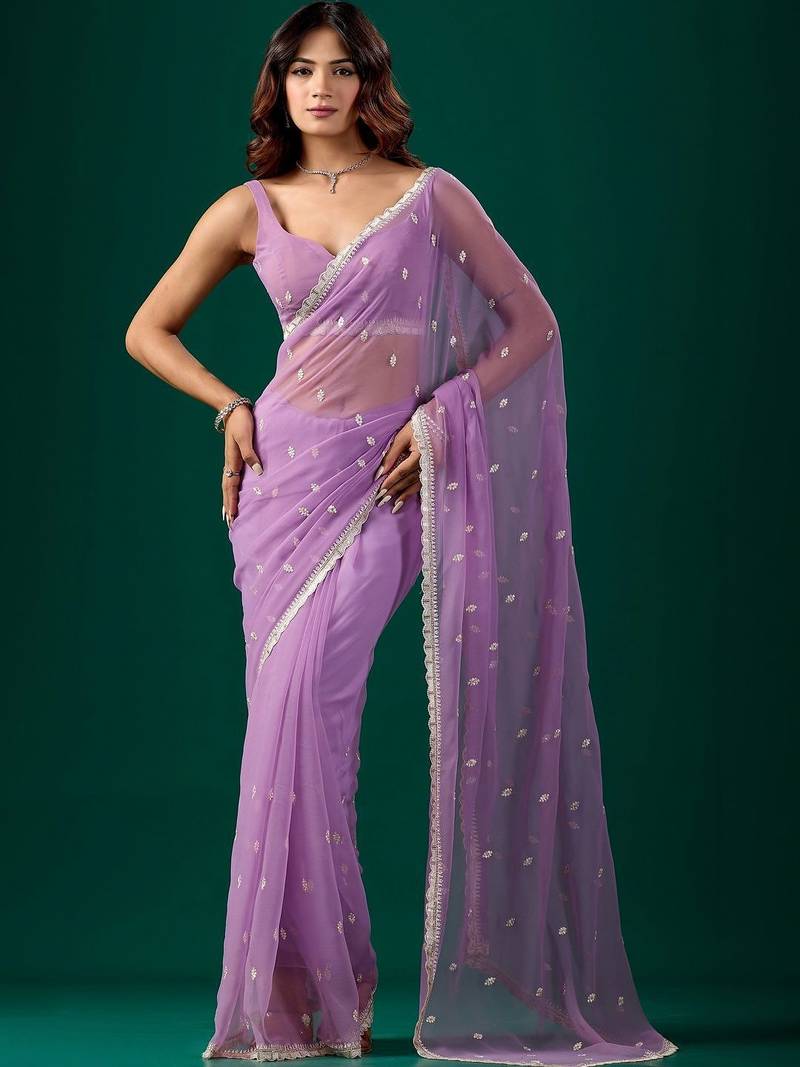 Lavender embellished embroidered pure chiffon saree