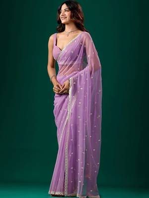 Lavender embellished embroidered pure chiffon saree 2