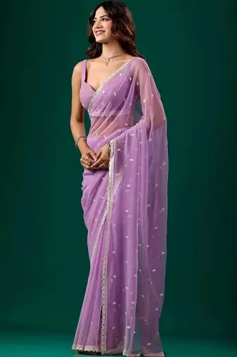 Lavender embellished embroidered pure chiffon saree