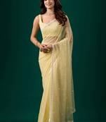 Yellow woven design embroidered pure chiffon saree