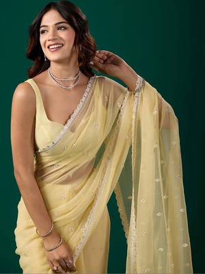 Yellow woven design embroidered pure chiffon saree 2