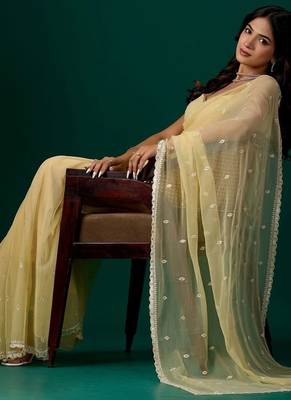 Yellow woven design embroidered pure chiffon saree 3