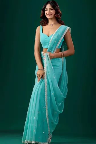 Turquoise woven design embroidered pure chiffon saree
