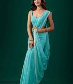 Turquoise woven design embroidered pure chiffon saree