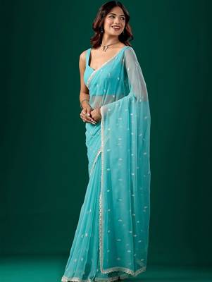 Turquoise woven design embroidered pure chiffon saree 3