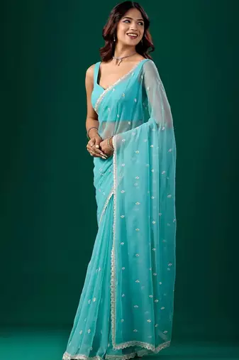 Turquoise woven design embroidered pure chiffon saree