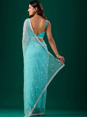 Turquoise woven design embroidered pure chiffon saree 4