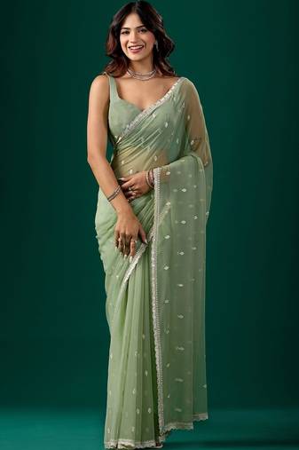 Sea green woven design embroidered pure chiffon saree
