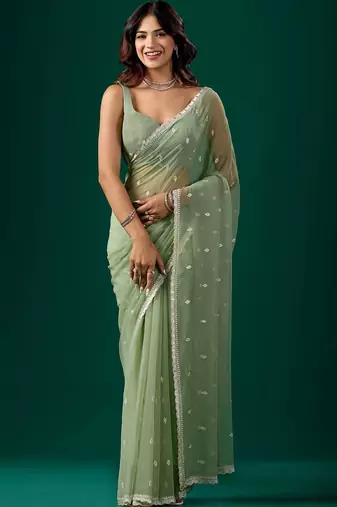 Sea green woven design embroidered pure chiffon saree