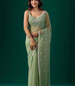 Sea green woven design embroidered pure chiffon saree