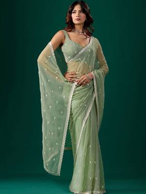 Sea green woven design embroidered pure chiffon saree 3