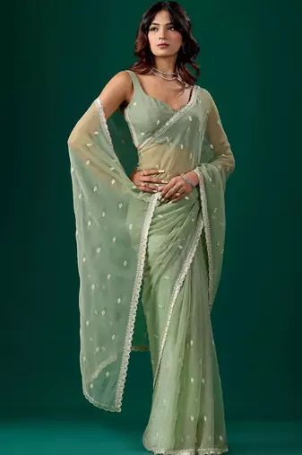 Sea green woven design embroidered pure chiffon saree