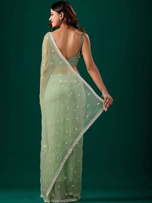 Sea green woven design embroidered pure chiffon saree 4