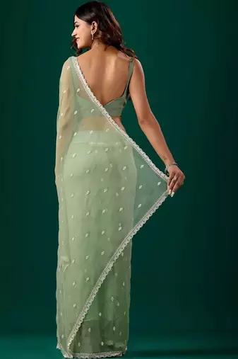 Sea green woven design embroidered pure chiffon saree