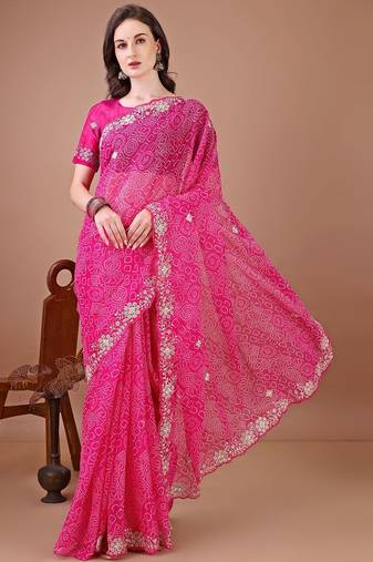 Pink bandhani embroidered designer bandhani saree