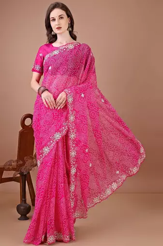 Pink bandhani embroidered designer bandhani saree