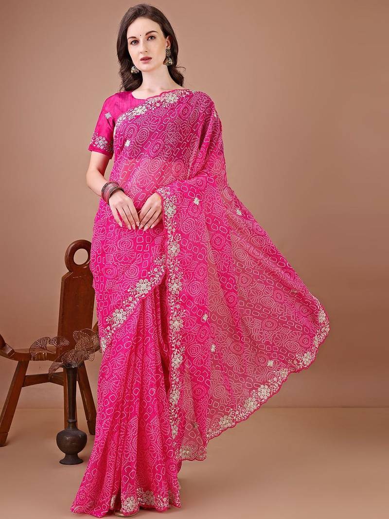 Pink bandhani embroidered designer bandhani saree