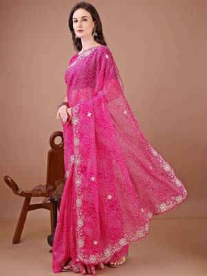 Pink bandhani embroidered designer bandhani saree 2