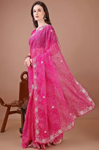 Pink bandhani embroidered designer bandhani saree