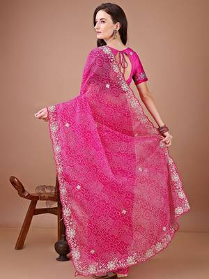 Pink bandhani embroidered designer bandhani saree 3