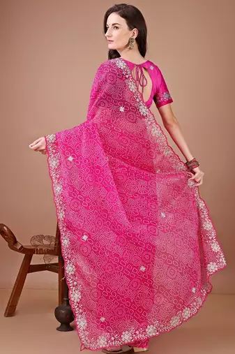 Pink bandhani embroidered designer bandhani saree