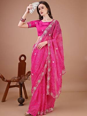 Pink bandhani embroidered designer bandhani saree 4