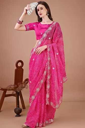 Pink bandhani embroidered designer bandhani saree