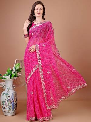 Pink bandhani embroidered bandhani saree 1