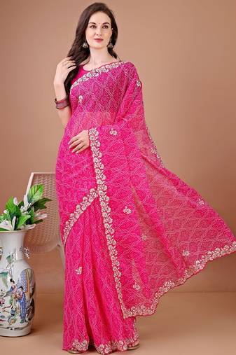 Pink bandhani embroidered bandhani saree