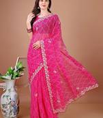Pink bandhani embroidered bandhani saree