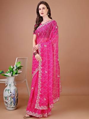Pink bandhani embroidered bandhani saree 2