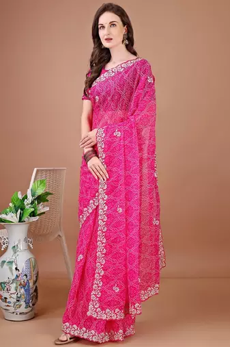 Pink bandhani embroidered bandhani saree
